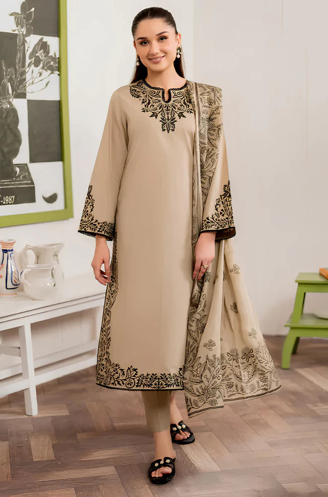 RP913-WINTER 3PC Dhannak Embroidered suit with Printed Shawll