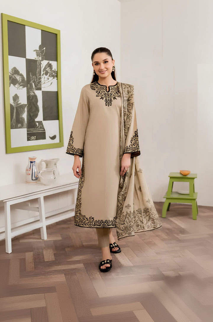 RP913-WINTER 3PC Dhannak Embroidered suit with Printed Shawll