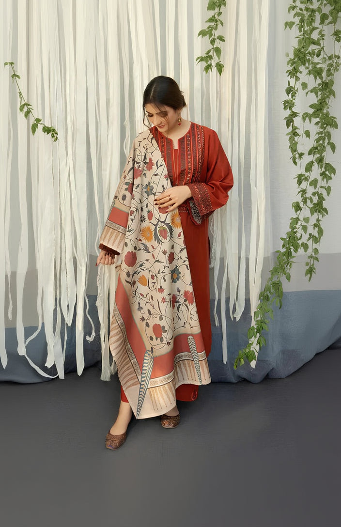 RP914-WINTER 3PC Dhannak Embroidered suit with Printed Shawll