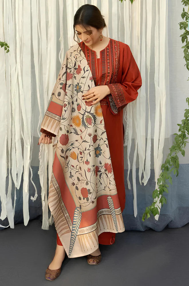 RP914-WINTER 3PC Dhannak Embroidered suit with Printed Shawll