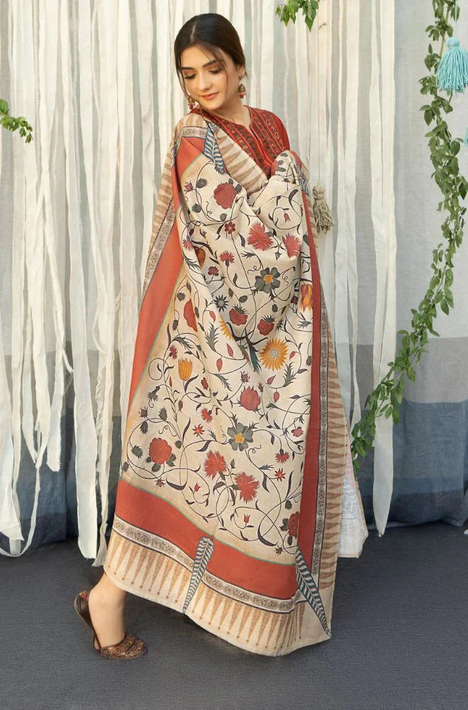 RP914-WINTER 3PC Dhannak Embroidered suit with Printed Shawll