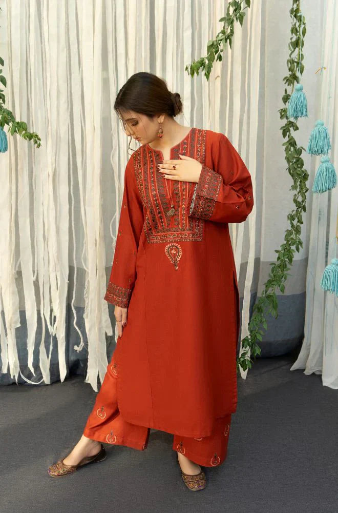 RP914-WINTER 3PC Dhannak Embroidered suit with Printed Shawll