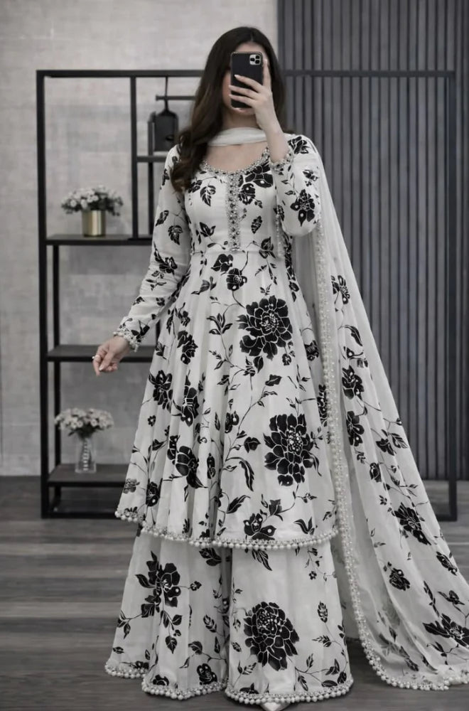 RP1220 Rangraiz - 3 piece kataan silk frock style Printed suit
