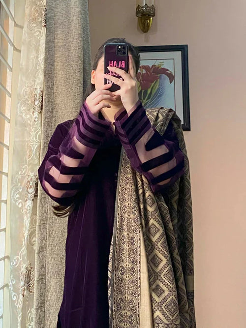 Rp33117 Rangraiz- Velvet Dress with Printed Dhanak Shawl