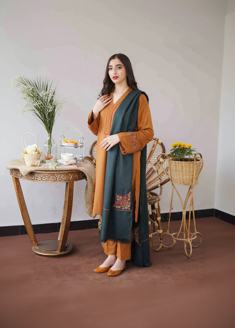 Rp500-3PC Dhanak suit with Embroidered Dhanak Shawll
