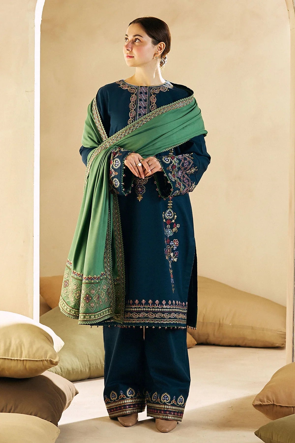 Rp590-WINTER 3-Pc Embroidered Dhanak Suit with Heavy Embroidered Dhanak Shawll