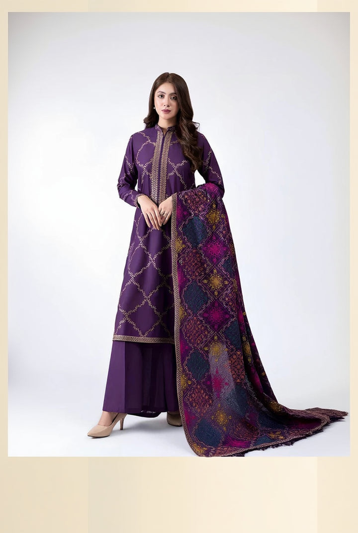 Rp603-WINTER 3-Pc Embroidered Dhanak Suit with Heavy Embroidered Dhanak Shawll