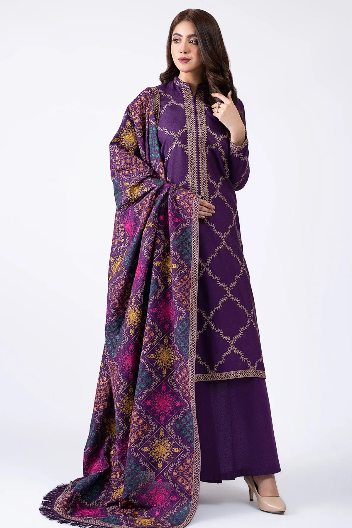 Rp603-WINTER 3-Pc Embroidered Dhanak Suit with Heavy Embroidered Dhanak Shawll