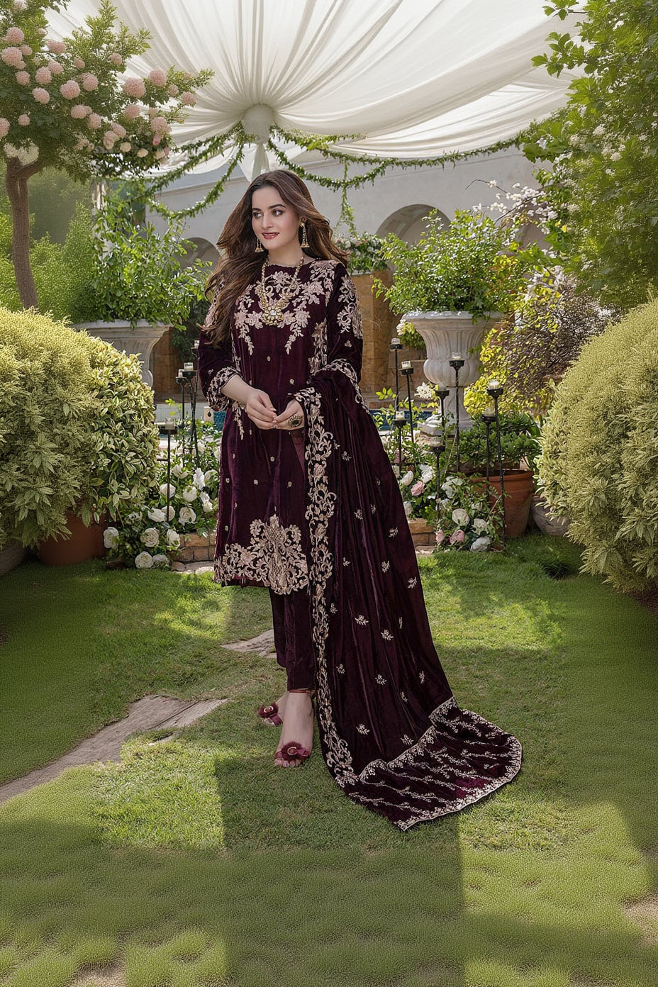 Rp403-Embroidered Velvet Three piece With Velvet Shawl Winter Collection