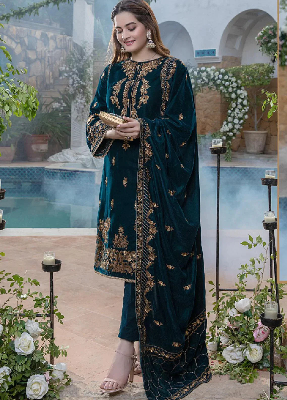 Rp404-Embroidered Velvet Three piece With Velvet Shawl Winter Collection