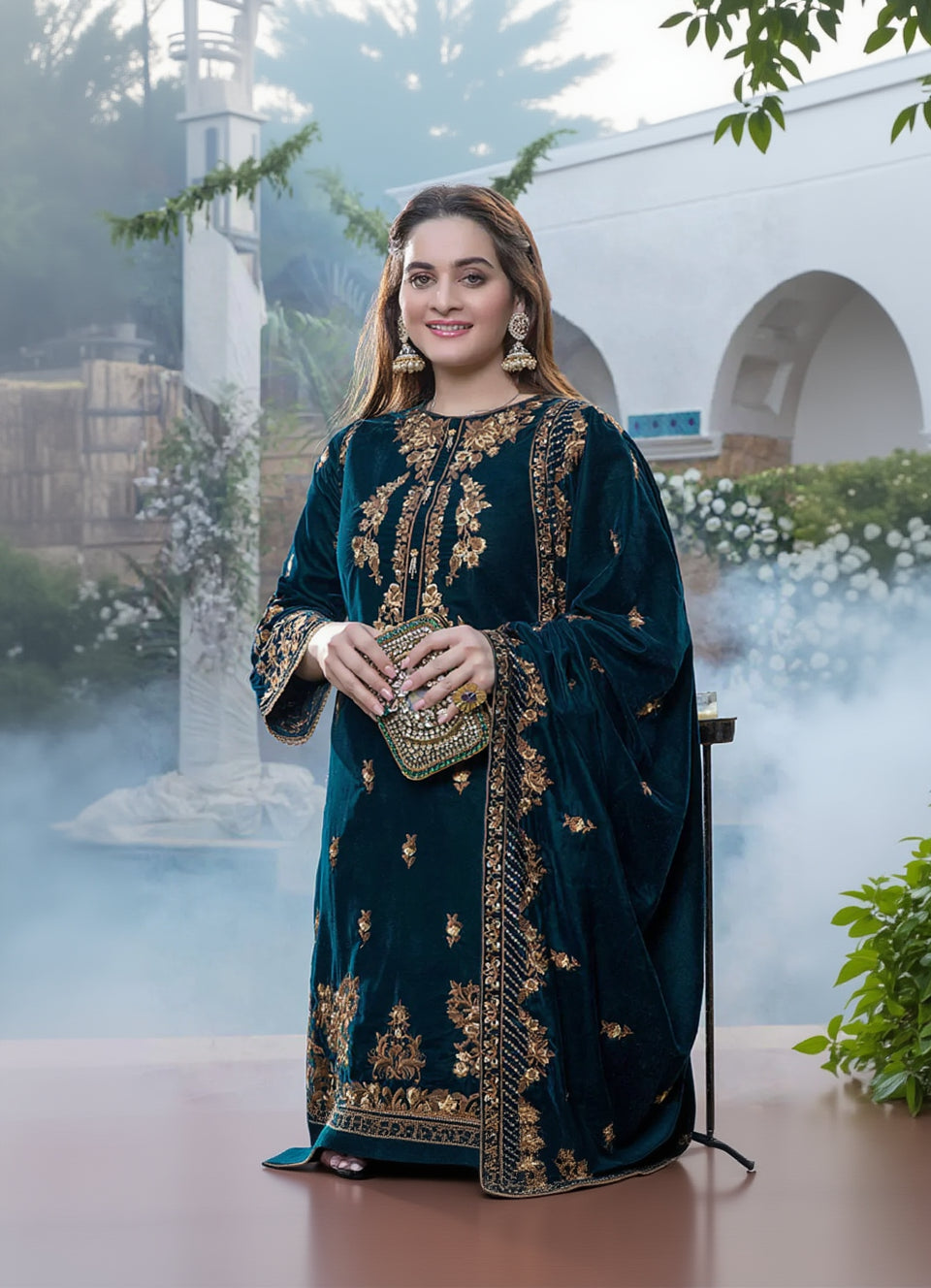 Rp404-Embroidered Velvet Three piece With Velvet Shawl Winter Collection