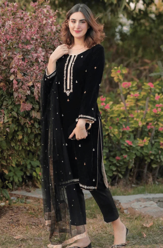 Rp518-Velvet Embroidered Dress With Organza embroidered Dopata