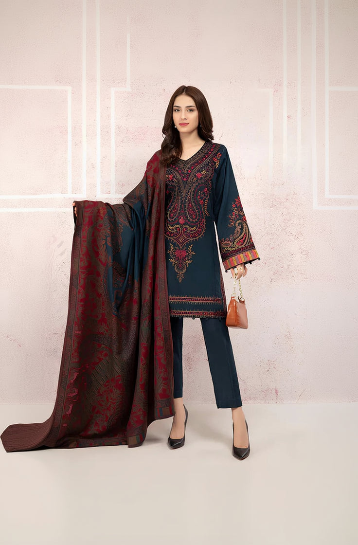 Rp582-Winter 3PC Khaddar Embroidered Suit with Printed Wool Shawll