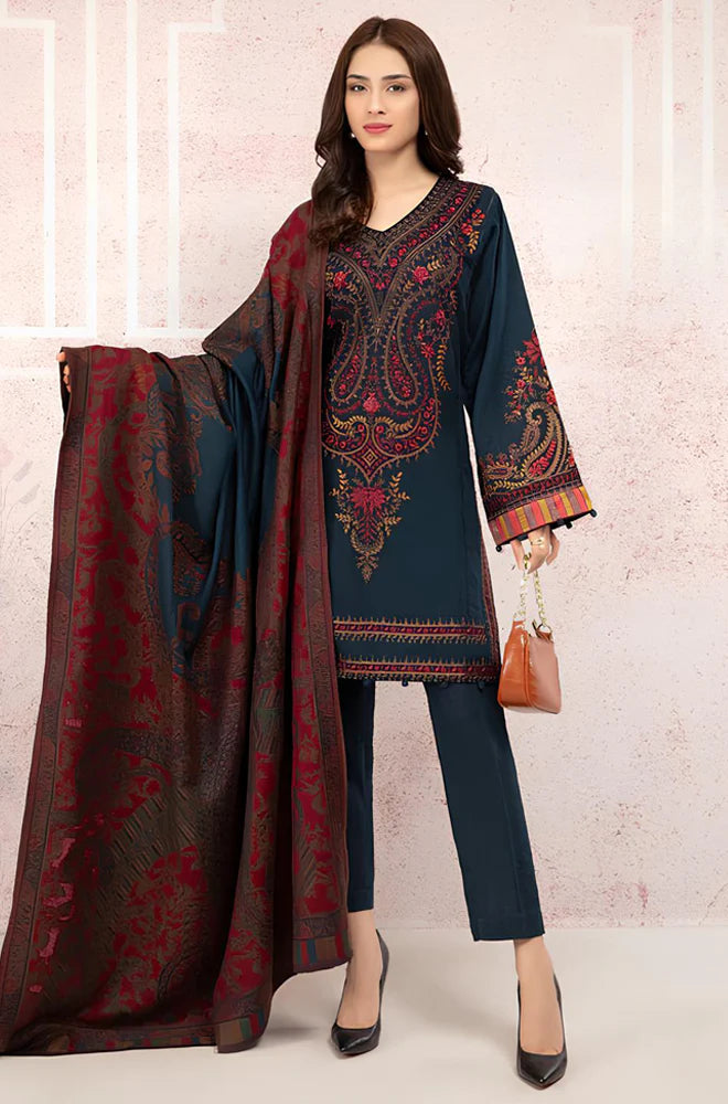 Rp582-Winter 3PC Khaddar Embroidered Suit with Printed Wool Shawll