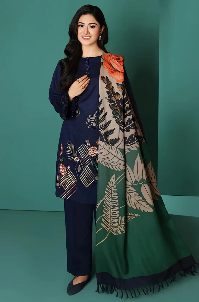 Rp585-WINTER Nishat Blue Linen Embroidered three piece With Printed Wool Shawll