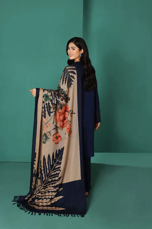 Rp585-WINTER Nishat Blue Linen Embroidered three piece With Printed Wool Shawll
