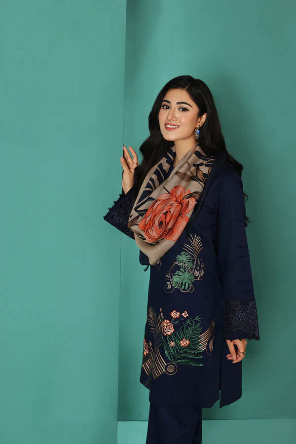 Rp585-WINTER Nishat Blue Linen Embroidered three piece With Printed Wool Shawll